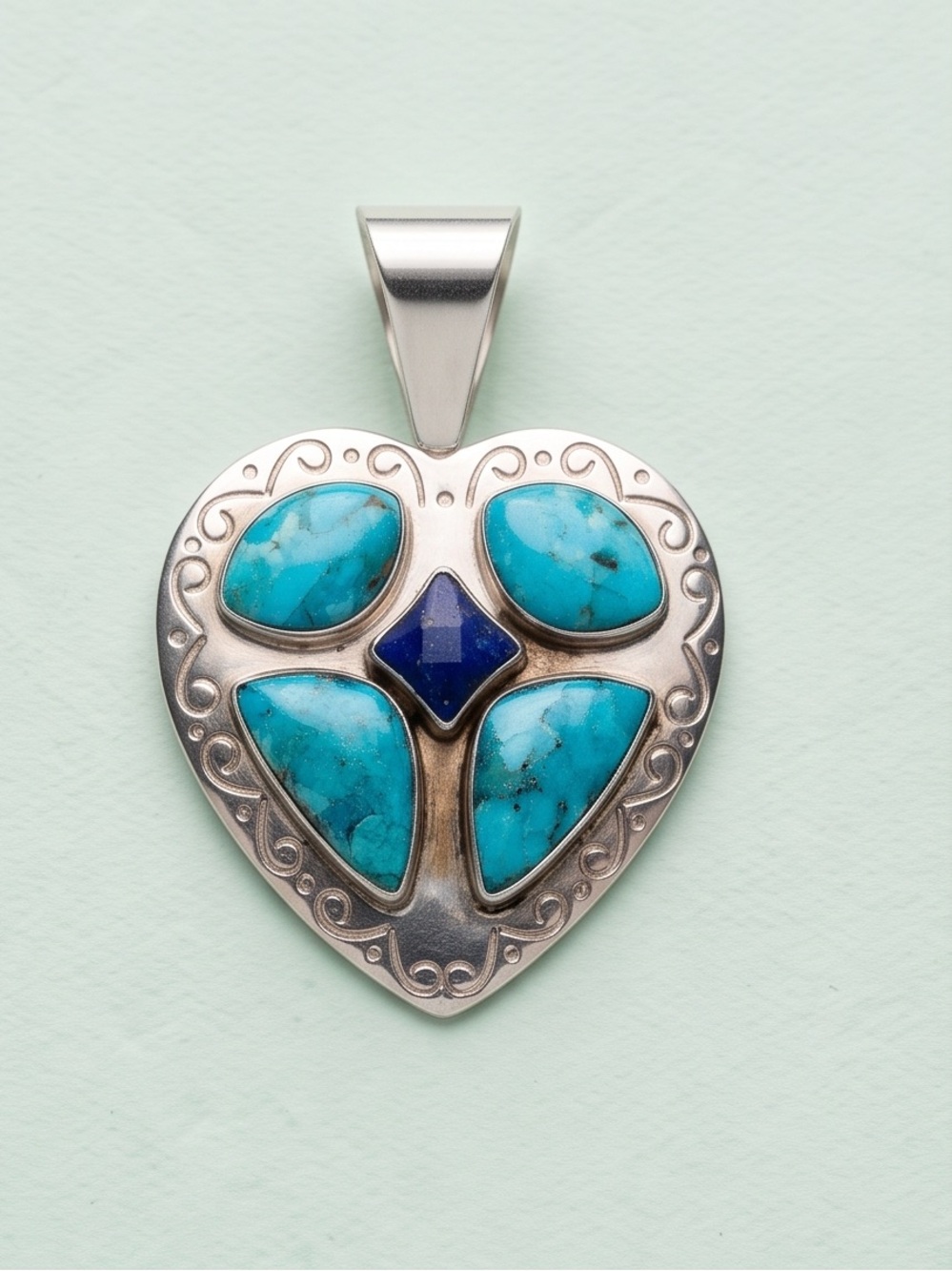 Vintage Sterling Silver Heart Pendant – Turquoise & Lapis Lazuli, 925 Necklace